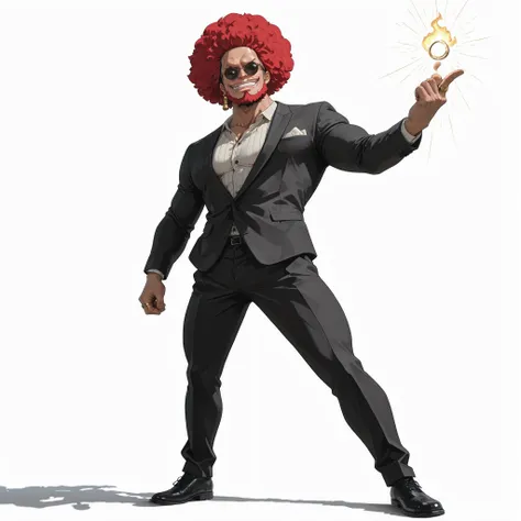 (male), (man), (red hair, afro hairstyle), (chin beard), (round sunglasses), ((big muscular body), (solo), (single character), (full body version), (white background), (no background), (highly detailed), (shadow), (standing pose), (natural light), (detaile...