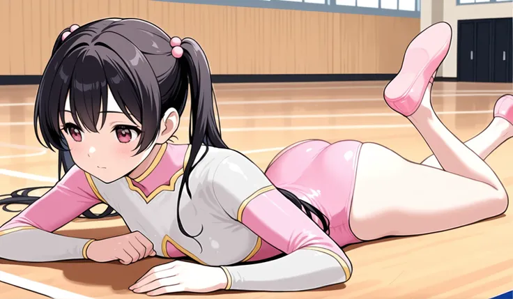 1 girl under school uniform cute pink leotard High Neck Long Sleeve Leotard Rhythmic gymnastics semi-long twin tails dark haired in practice pink ballet shoes gymnasium, prone, on stomach,