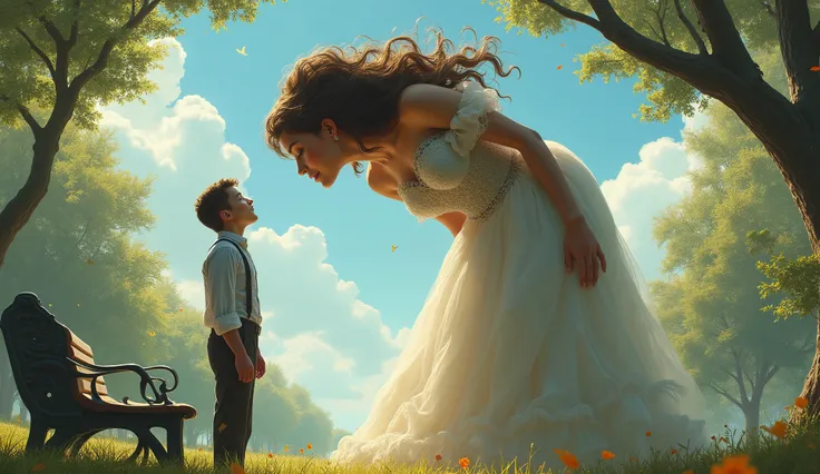 giantess girl kisses one much shorter adult guy who standing short on the park bench. Romantic scene with clear blue and sunny weather. Park ambient.