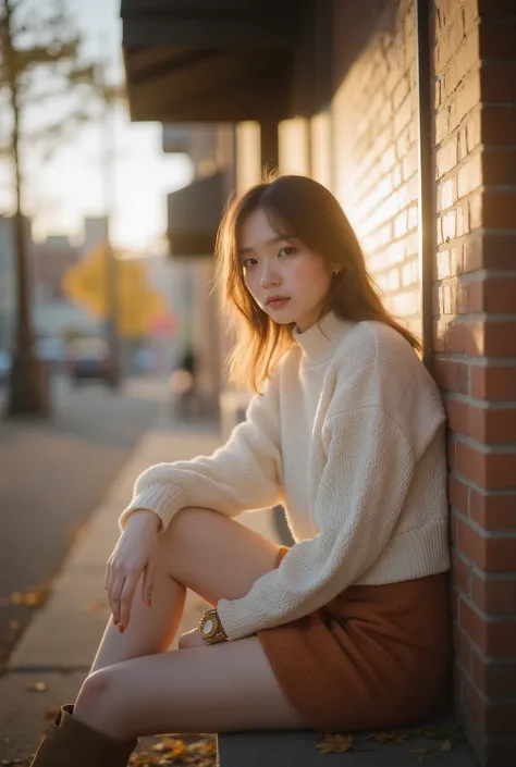 /imagine prompt:
Golden autumn street corner, warm afternoon light, brick building and fallen leaves on the curb :: Japanese woman (26) :: soft half-smile, leaning against wall, one knee softly bent, both shoulders clearly visible, waistline unobstructed :...