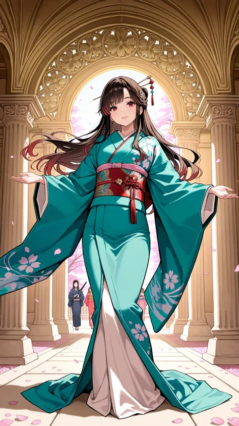 Highest Quality, reflection of light'', Ultra High Definition, Princess from the Heian Period, Long flowing black hair and brown hair tips, 凛とした青い瞳, cold々Expression that combines kindness and kindness, Light pink lips, Graceful 12 Dana, Kimono that combine...