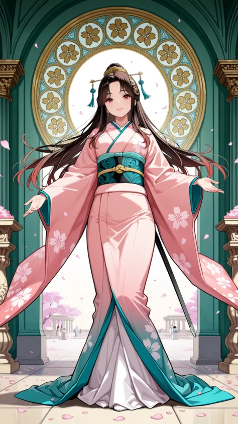 Highest Quality, reflection of light'', Ultra High Definition, Princess from the Heian Period, Long flowing black hair and brown hair tips, 凛とした青い瞳, cold々Expression that combines kindness and kindness, Light pink lips, Graceful 12 Dana, Kimono that combine...