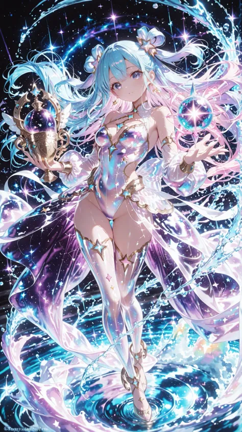 (masterpiece, Highest Quality, OFFICIAL ART, complicated details, 8k resolution), 1girl, magical girl Aquarius, Celestial Bodies deity, Full Body, hips, foot,
Graceful and Strong Pose, Starlight falling from a sparkling crystal amphora pour,
water is a neb...