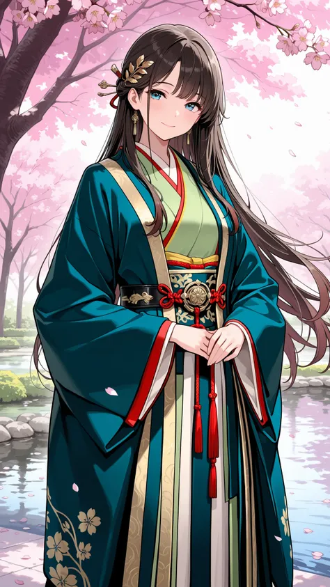 High Quality, masterpiece, Detailed Description, An Emaki-style aristocrat woman, flowing black hair and brown hair tips, Dignified Gaze, Intellectual Eyes, A graceful smile, multi-layered kimono with beautiful gradations of blue, green, and red, A decorat...