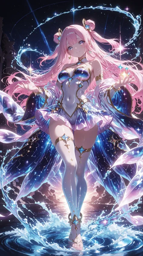 (masterpiece, Highest Quality, OFFICIAL ART, complicated details, 8k resolution), 1girl, magical girl Aquarius, Celestial Bodies deity, Full Body, hips, foot,
Graceful and Strong Pose, Starlight falling from a sparkling crystal amphora pour,
water is a neb...