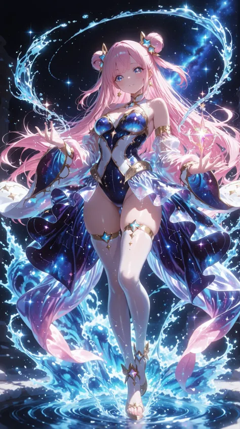 (masterpiece, Highest Quality, OFFICIAL ART, complicated details, 8k resolution), 1girl, magical girl Aquarius, Celestial Bodies deity, Full Body, hips, foot,
Graceful and Strong Pose, Starlight falling from a sparkling crystal amphora pour,
water is a neb...