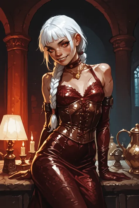 She looks like Elena from Street Fighter and has a horizontal scar across her nose, and white skin. Inca girl with white and dark dreadlocks and ponytail, deep red-coloured eyes, slanted Asian eyes, sharp canine teeth, black eyeliner, athletic body and sof...