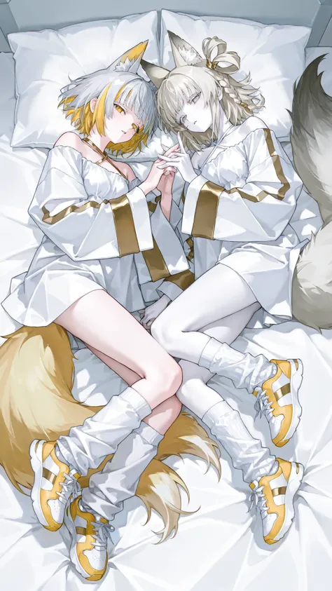 2 Girls,rotational symmetry,Pov across bed、cute,sleepy face white skin, ((One Braided Bang)), single hair ring, sideburns, gray hair, blonde secret two-tone hair sticking out the right index finger, short hair, eyes of gold, fox ears and tail, criss-cross ...