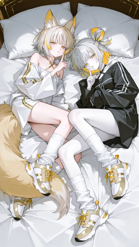 2 Girls,rotational symmetry,Pov across bed、cute,sleepy face white skin, ((One Braided Bang)), single hair ring, sideburns, gray hair, blonde secret two-tone hair sticking out the right index finger, short hair, eyes of gold, fox ears and tail, criss-cross ...