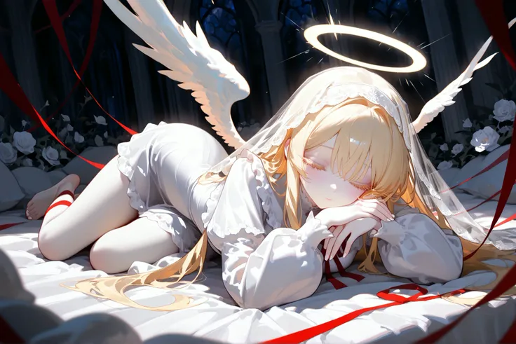 super detail, masterpiece, best quality, high resolution, 8k, ultra high anatomy, facial, only 1 girl, long blonde hair, White lace veil, Pale skin with matching pale Cherry Pink eyelashes, very long sleeves white frill blouse, Low Large white angel wings,...