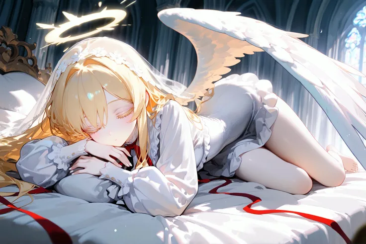 super detail, masterpiece, best quality, high resolution, 8k, ultra high anatomy, facial, only 1 girl, long blonde hair, White lace veil, Pale skin with matching pale Cherry Pink eyelashes, very long sleeves white frill blouse, Low Large white angel wings,...