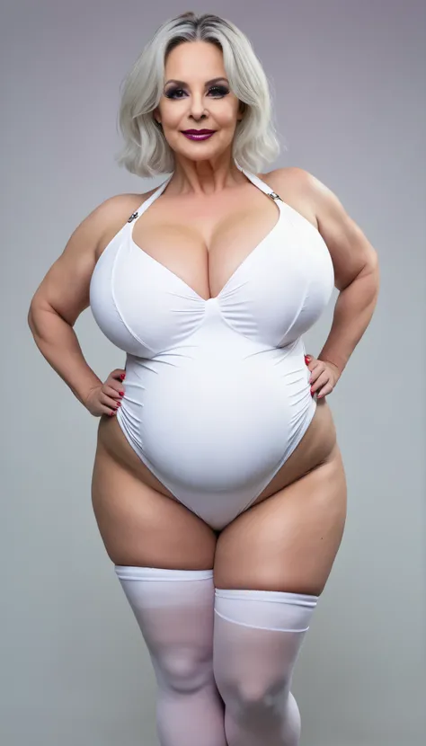 ((Highest Quality、8k、masterpiece:1.3)), dark white leotard swimsuit,  very plump body , Sensual Body, large size woman, attractive plus size model, Gothic Makeup, Defeat a pregnant woman, Long straight blonde(Front Up)の髪を持つ 55 year old womanの肖像画, mature bo...