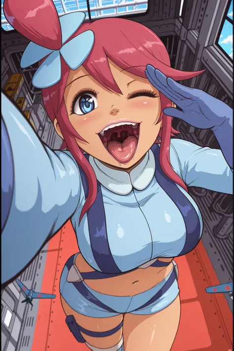 skyla, blue eyes, hair ornament, one side up, red hair, short hair with long locks, sidelocks,, blue footwear, blue gloves, blue jacket, blue shorts, boots, crop top, cropped jacket, gloves, jacket, midriff, navel, short shorts, shorts, thigh pouch,, open ...