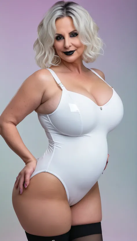 ((Highest Quality、8k、masterpiece:1.3)), dark white leotard swimsuit,  very plump body , Sensual Body, large size woman, attractive plus size model, Gothic Makeup, Defeat a pregnant woman, Long straight blonde(Front Up)の髪を持つ 55 year old womanの肖像画, mature bo...