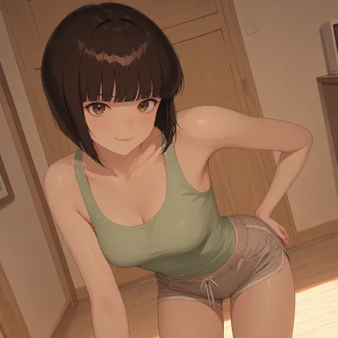 1girl,pose in room, nabiki tendou, short hair, bangs, brown hair, brown eyes, blunt bangs, bob cut, medium breasts, little smile, tank top, shorts,