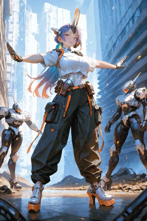 masterpiece, best quality, amazing quality, very aesthetic, absurdres, newest, (scenery, volumetric lighting), mature women, depth of field, armor, huge breasts, (((huge earrings:1.2))), head gear, shoulder armor, baggy pants, pocket, mechanical leotard, ...