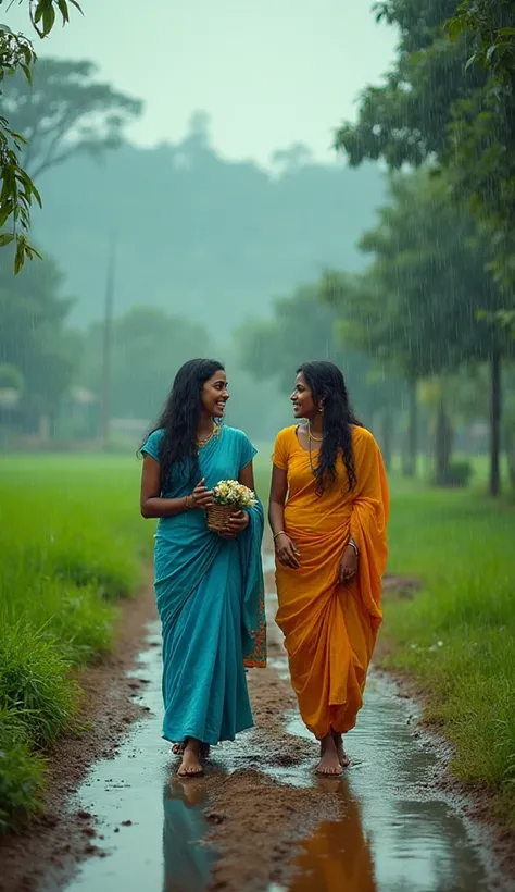 A cinematic rural village scene during gentle rainfall. Two beautiful young women wearing colorful traditional sarees walk slowly barefoot along a muddy village path. One wears a soft blue saree, the other a mustard yellow saree, both slightly wet from the...