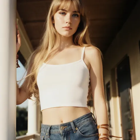 (masterpiece), (best quality), ultra-realistic, photoreal, professional fashion photography, 1990s fashion magazine photoshoot, full body, staged yet natural posing, alluring editorial composition, cinematic warm daylight, veranda setting, analog film look...