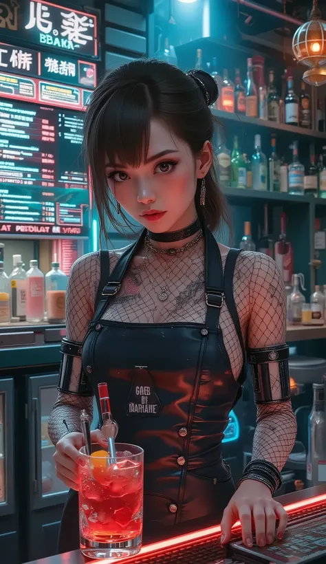 photorealistic, a scene from a neon-drenched cyberpunk bar in 2080s Neo-Osaka. A charismatic androgynous bartender with subtle cybernetic arms is mixing a glowing cocktail. They have a knowing smirk, one human eye and one cybernetic eye with a faint data s...