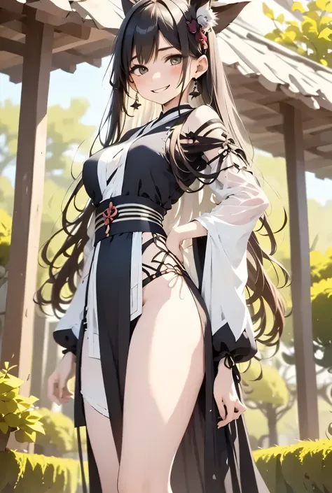 Steam and Seduction Wrapped in steam, the fox spirit leans against the edge of the spring, wearing a half-open kimono and an enigmatic smile that reveals her ethereal form.