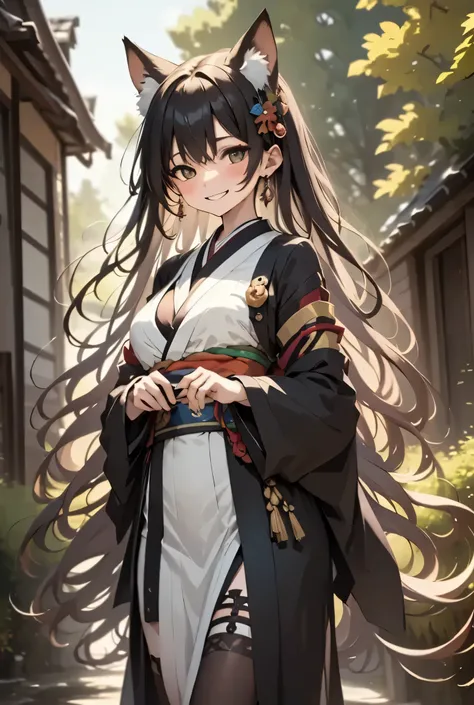 Steam and Seduction Wrapped in steam, the fox spirit leans against the edge of the spring, wearing a half-open kimono and an enigmatic smile that reveals her ethereal form.