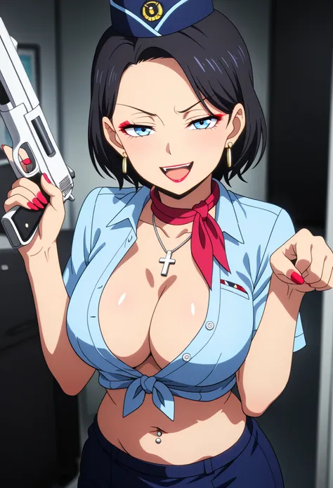 masterpiece, best quality, amazing quality, girl, depth of field, blurry foreground, paw pose, short hair, black hair, blue eyes, loop earrings, stewardess, blue shirt, blue skirt, travel attendant, red neckerchief, travel attendant hat, solo, seductive s...