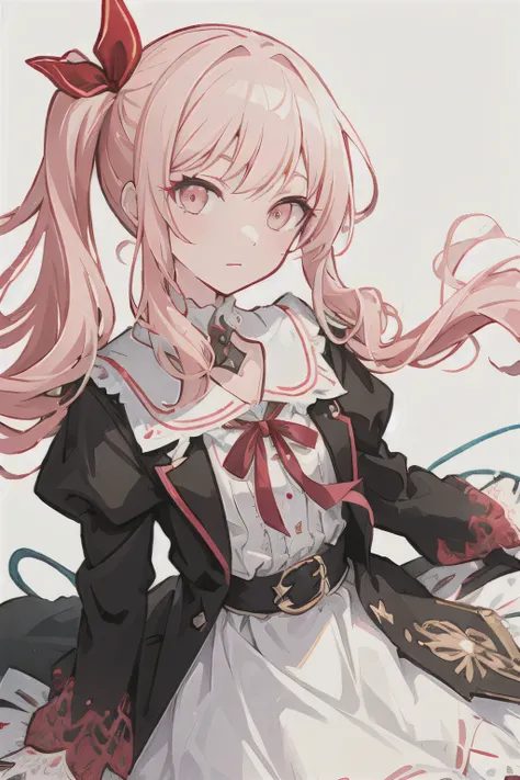 ((masterpiece)), (((Best Quality))), ((hyperdetailed)), Beautiful detailed eyes, illustration, (side ponytail+ sideways up + Red Ribbon ), Light pink hair, light pink eyes