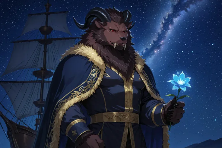 A majestic anthropomorphic beast standing in a heroic and aristocratic pose in front of a grand sailing ship, under a breathtaking starry night sky with the Milky Way clearly visible. The beast has detailed fur, a strong muscular body, sharp fangs, red eye...