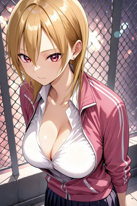 Anime Beautiful Girl, From the side, low angle, beautiful skin, Slender Body, akutu_riko, red eyes, blonde hair, medium hair, hair between eyes, ear piercing, cleavage, pink track jacket, white shirt, collared shirt, pleated skirt, beautiful rainbow eyes ...