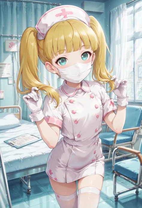 Score_9, score_8_up, score_7_up, source_anime, mary cochran, solo, twintails, blonde hair, aqua eyes, petit, flat chest, (best quality), (high quality), {masterpiece}, extremely delicate and beautiful, ultra-detailed, beautiful detailed eyes, nurse, nurse ...