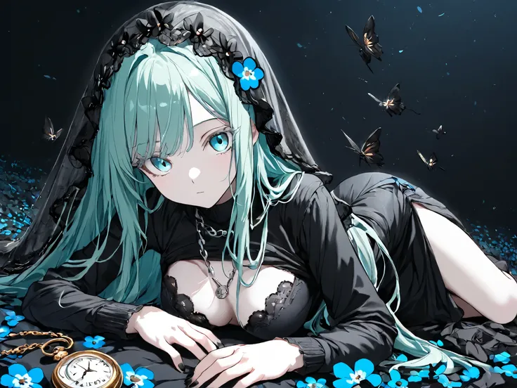 ((masterpiece, super high quality, ultra-detailed, Extremely Detailed and Beautiful, Perfect detail, anime style, bright and vivid colors:1.2)), elegant posture, delicate skin texture, absolutely beautiful:1.1,
only 1 girl, very long hair, mint hair, black...