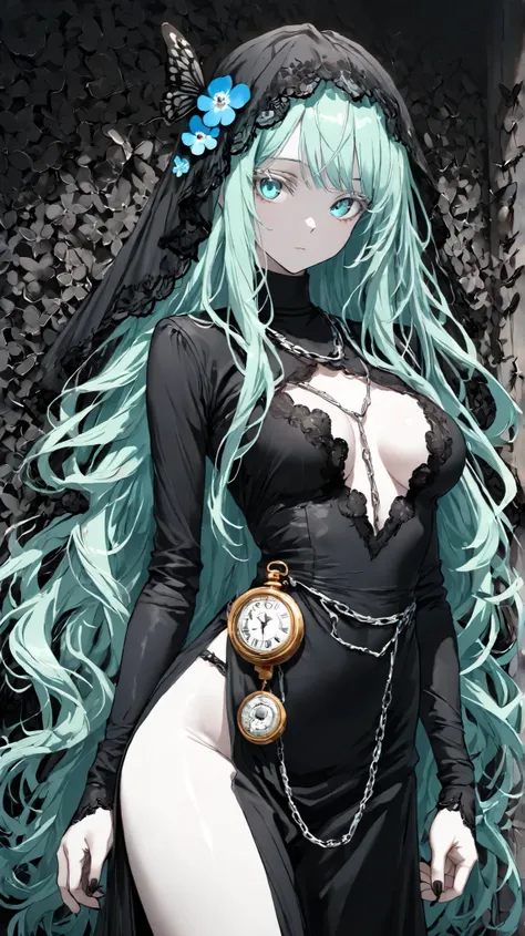 ((masterpiece, super high quality, ultra-detailed, Extremely Detailed and Beautiful, Perfect detail, anime style, vivid colors:1.2)), elegant posture, delicate skin texture, absolutely beautiful:1.1,
only 1 girl, very long hair, mint hair, black lace veil,...