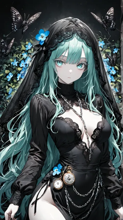 ((masterpiece, super high quality, ultra-detailed, Extremely Detailed and Beautiful, Perfect detail, anime style, vivid colors:1.2)), elegant posture, delicate skin texture, absolutely beautiful:1.1,
only 1 girl, very long hair, mint hair, black lace veil,...