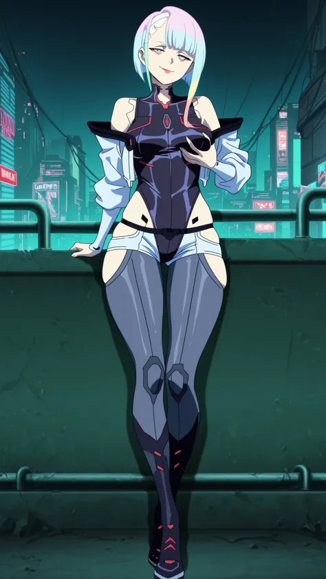 lucy, lucy (cyberpunk), short hair, bangs, blue eyes, blue hair, multicolored hair, makeup, multicolored eyes, mature female, breasts, anime screencap,bare hips, bodysuit, jacket, leotard, monowire, off shoulder, off-shoulder jacket, open clothes, open jac...