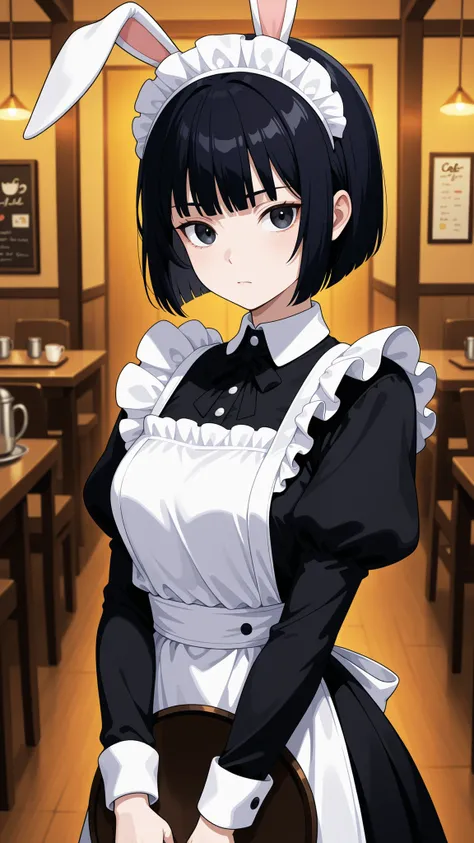 one woman、solo,Maya Hell,black eyes,dark hair,bob cut,Maid Outfit、White Apron、White Headdress、tray with rabbit ears、cafe