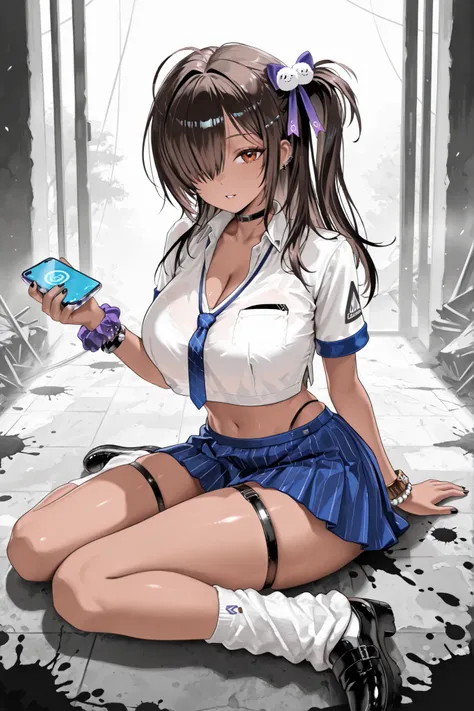 choker, collared shirt, short sleeves, blue necktie, crop top, highleg panties, blue skirt, pleated skirt, white socks, loose socks, black shoes, single thigh strap, black nail, single wrist scrunchie, bracelet,naga_nikke, dark skin, brown eyes, hair over ...