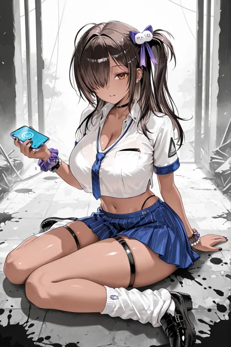 choker, collared shirt, short sleeves, blue necktie, crop top, highleg panties, blue skirt, pleated skirt, white socks, loose socks, black shoes, single thigh strap, black nail, single wrist scrunchie, bracelet,naga_nikke, dark skin, brown eyes, hair over ...
