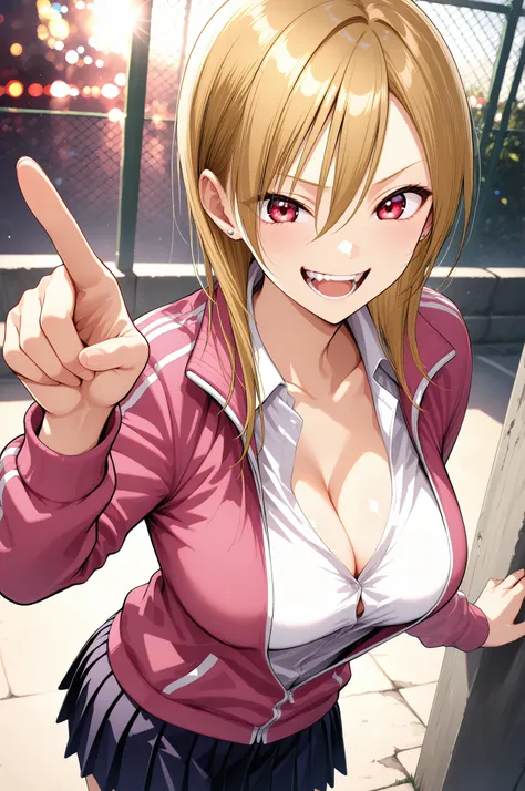Anime Beautiful Girl, Pointing pose, Laughter, showing teeth, beautiful skin, Slender Body, akutu_riko, red eyes, blonde hair, medium hair, hair between eyes, ear piercing, cleavage, pink track jacket, white shirt, collared shirt, pleated skirt, beautiful...