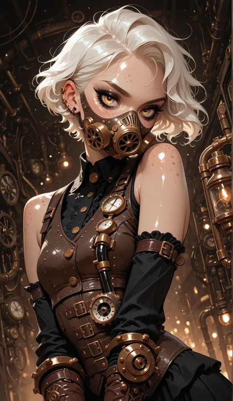 masterpiece, good quality, muy estético, extremely high resolution, newest, 8K, focused subject , 1girl, Alone, white hair, short hair , wavy hair, very short hair on one side, freckles on the face, very shiny golden eyes, gothic makeup,  ear piercings , s...