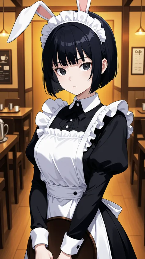 one woman、solo,Maya Hell,black eyes,dark hair,bob cut,Maid Outfit、White Apron、White Headdress、tray with rabbit ears、cafe