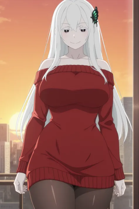 newest , masterpiece , anime screencap , anime coloring , masterpiece, best quality , echidna, 1girl, adult female, milf, motherly, pale skin, long hair, white hair, butterfly hair ornament, open eyes, hair between eyes, bangs, white eyelashes, ractical bo...