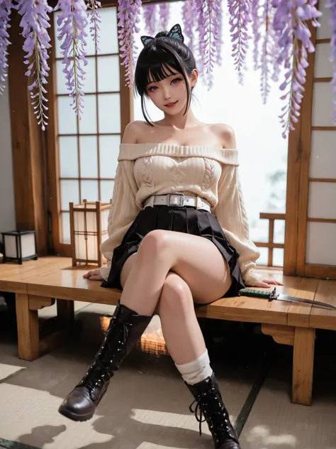 ((is the best quality)), ((masterpiece after sex)), ( detailed), "professional cosplay photography《of Demon Slayer》A full-body photo of Little Naganobu in. 's ponytail she wears Shinobu's iconic butterfly haha ori and butterfly hairpins. including her Demo...