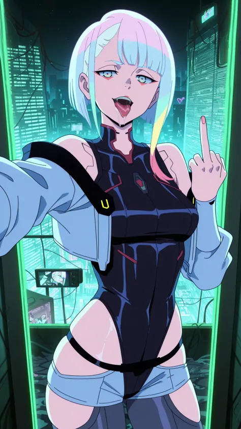 lucy, lucy (cyberpunk), short hair, bangs, blue eyes, blue hair, multicolored hair, makeup, multicolored eyes, mature female, breasts, anime screencap,bare hips, bodysuit, jacket, leotard, monowire, off shoulder, off-shoulder jacket, open clothes, open jac...