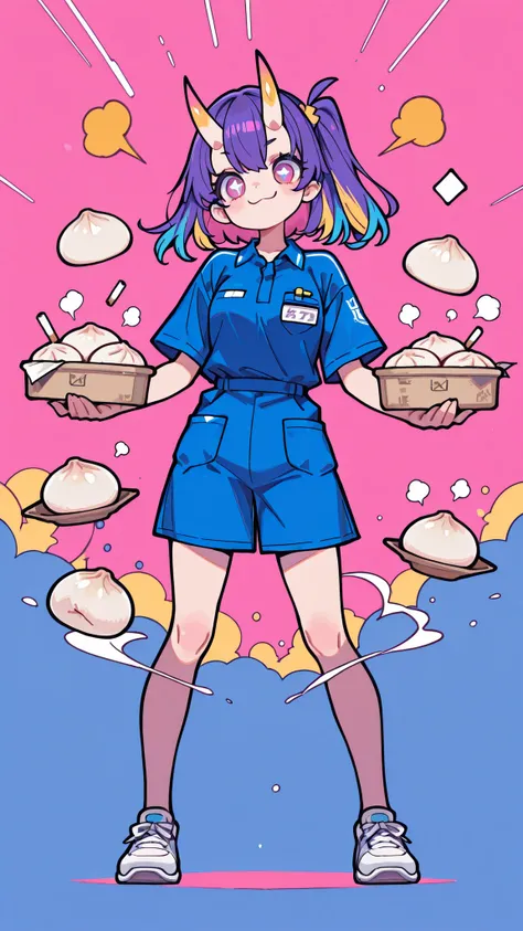 cute oni girl, full body, wearing a convenience store uniform with name tag, standing and smiling brightly, baozi, cigarettes, energetic pose, fun and playful atmosphere, Pop Art Style Background, bright and vivid colors, playful and cute vibe, long eyela...