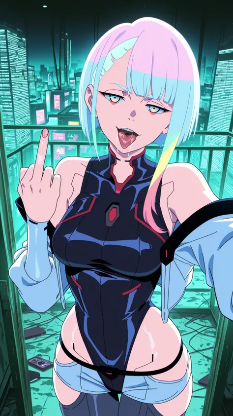 lucy, lucy (cyberpunk), short hair, bangs, blue eyes, blue hair, multicolored hair, makeup, multicolored eyes, mature female, breasts, anime screencap,bare hips, bodysuit, jacket, leotard, monowire, off shoulder, off-shoulder jacket, open clothes, open jac...