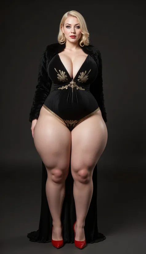 とVery Sexy Poses, Dark Red Ultra Long Dress(gorgeous golden embroidery ),  Premium Black Fur Coat ,Red High Heels,  dark gothic makeup, 垂れきったsuper big boobs(Sagging condition: 10.5, length to the bottom:130.0,Softness:130.0), Blonde(Sagging condition: 10.5...