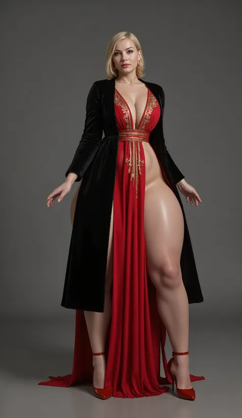 とVery Sexy Poses, Dark Red Ultra Long Dress(gorgeous golden embroidery ),  Premium Black Fur Coat ,Red High Heels,  dark gothic makeup, 垂れきったsuper big boobs(Sagging condition: 10.5, length to the bottom:130.0,Softness:130.0), Blonde(Sagging condition: 10.5...