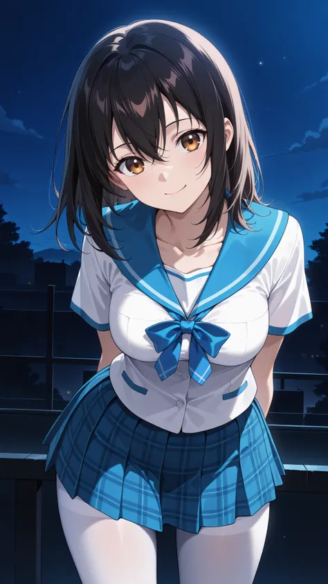 highres,absurdres,cowboy shot,1girl,solo,aayukina,medium hair,black hair,brown eyes,collarbone,medium breasts,school uniform,blue sailor collar,blue bow,white shirt,short sleeves,plaid miniskirt,blue skirt,white pantyhose,night,dark park,dark,contrapposto,...
