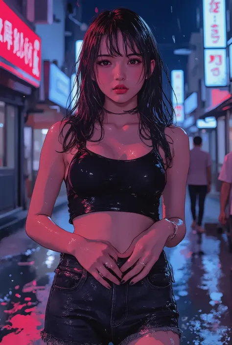 realistic and photorealistic illustration of a very beautiful and photogenic Asian woman standing in a rainy city at night, with medium breasts, Um pequeno, Figura tonificada, wet hair falling on her face, a casual blouse soaked, a bright iris pattern, h...