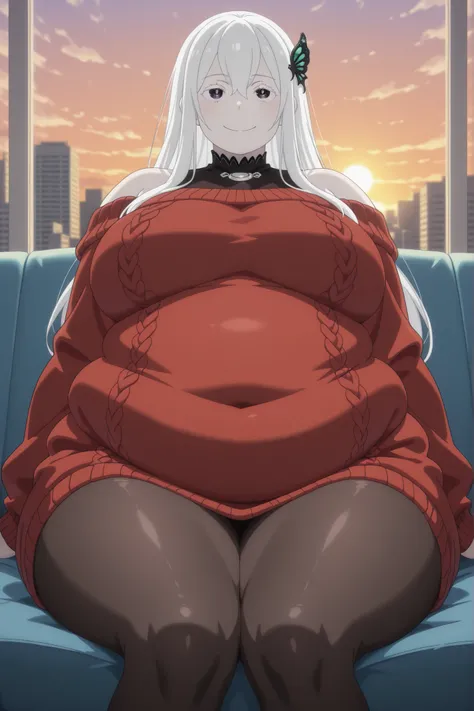 bloated belly,obese,fat,plump,WeightObese,newest , masterpiece , anime screencap , anime coloring , masterpiece, best quality , echidna, 1girl, adult female, milf, motherly, pale skin, long hair, white hair, butterfly hair ornament, open eyes, hair between...